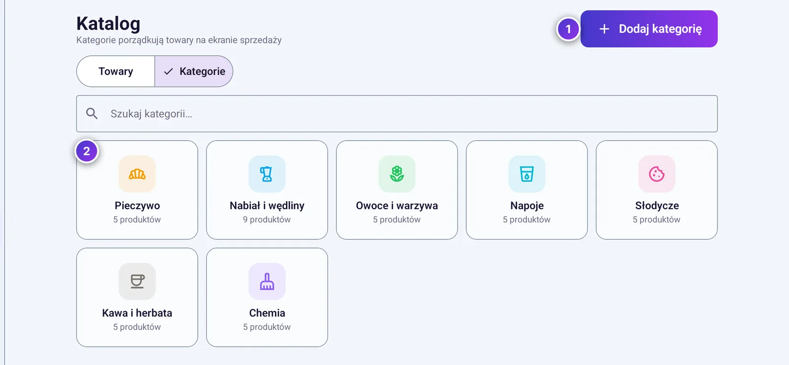 Karta Kategorie: kafelki kategorii Pieczywo, Nabiał i wędliny, Owoce i warzywa, Napoje, Słodycze, Kawa i herbata i Chemia z liczbą produktów oraz przycisk Dodaj kategorię
