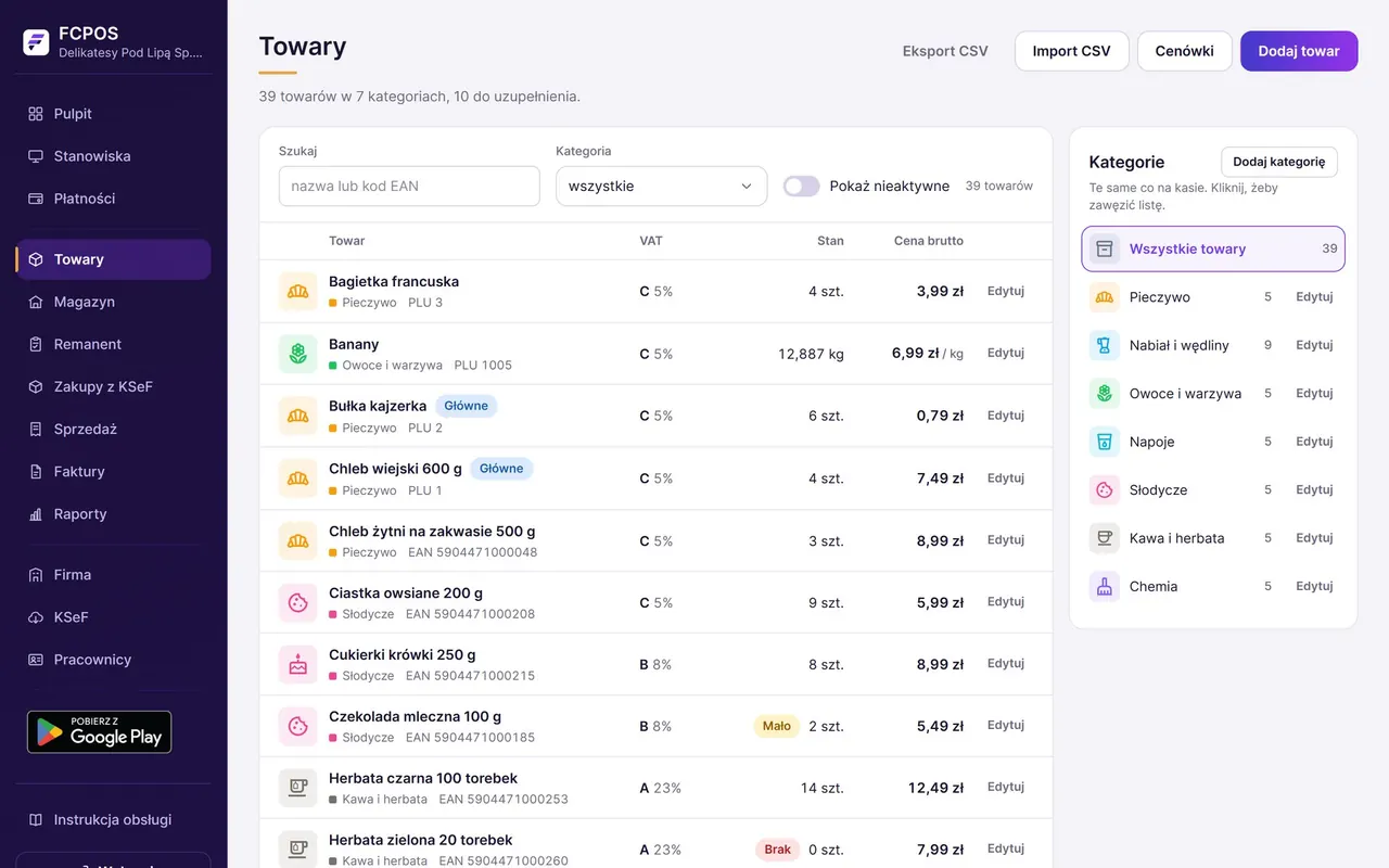 Lista towarów z kategoriami, stawkami VAT, stanami i cenami oraz przyciski Import CSV, Cenówki i Dodaj towar
